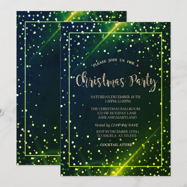 Convite Festa de Natal da Empresa Verde com Pontos Dourado (Frente/Verso)