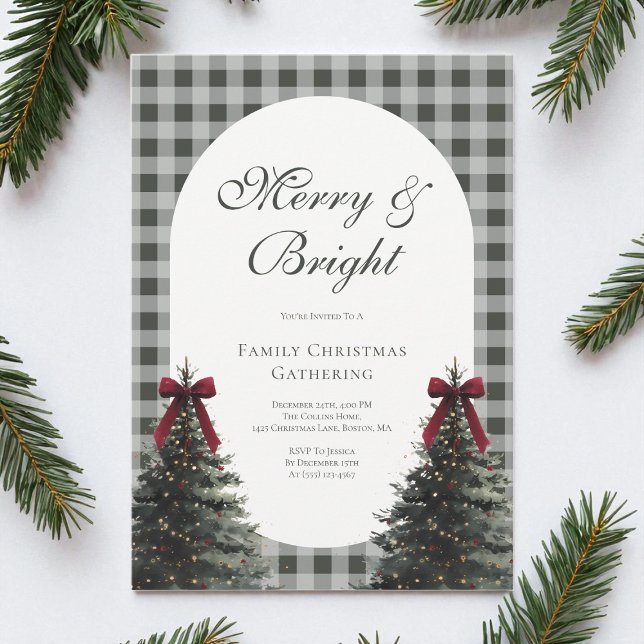Convite Festa de Natal da Família com Laço Elegante em Xad (Elegant Bow Green Gingham Family Christmas Party Invitation)