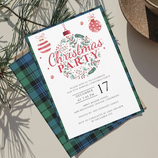 Convite Festa de Natal da Família xadrez Campbell Tartan (Plaid Rustic Christmas Party Tartan and Baubles Invitation)