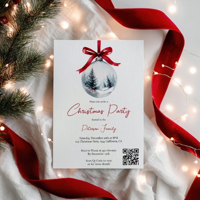 Convite Festa de Natal da Festa de Natal da Festa de Natal (Winter Red Coquette Bow Ribbon QR Christmas Party Invitation)