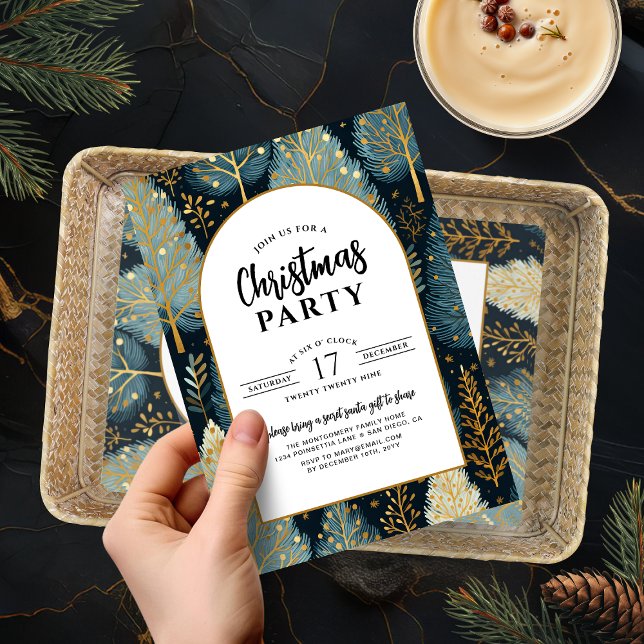Convite Festa de Natal da Floresta de Férias Douradas Mode (Modern Gold Arch Holiday Forest Christmas Party Invitation)