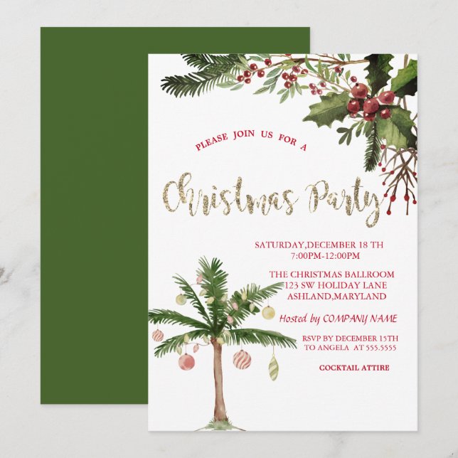 Convite Festa de Natal da Holly Berries Palm Tree Company (Frente/Verso)