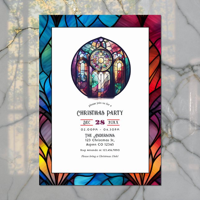 Convite Festa de Natal da Janela Rosa de Vidro Estreita (Stained Glass Rose Window Christmas Party Invitation)