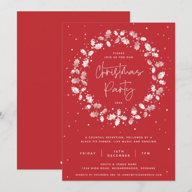 Convite Festa de Natal da Mão Vermelha, Impressa Holly Wre (Frente/Verso)