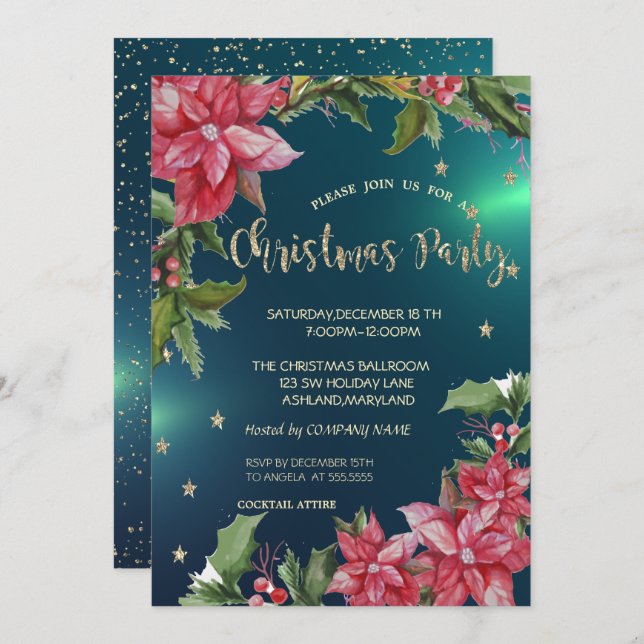 Convite Festa de Natal da Poinsettia, Stars Green Company (Frente/Verso)