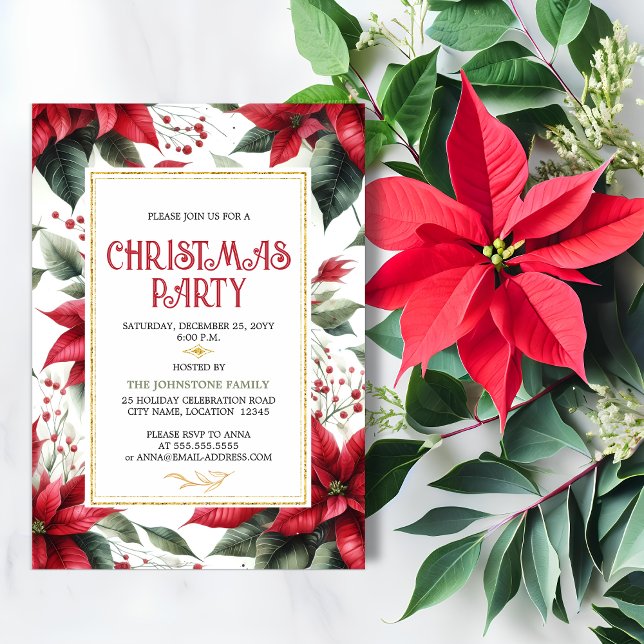 Convite Festa de Natal da Poinsettia Vermelha Elegante (Elegant red poinsettia Christmas holiday party invitation front view.)
