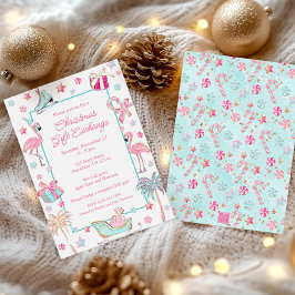 Convite Festa de Natal da Praia Pink & Aqua Flamingo