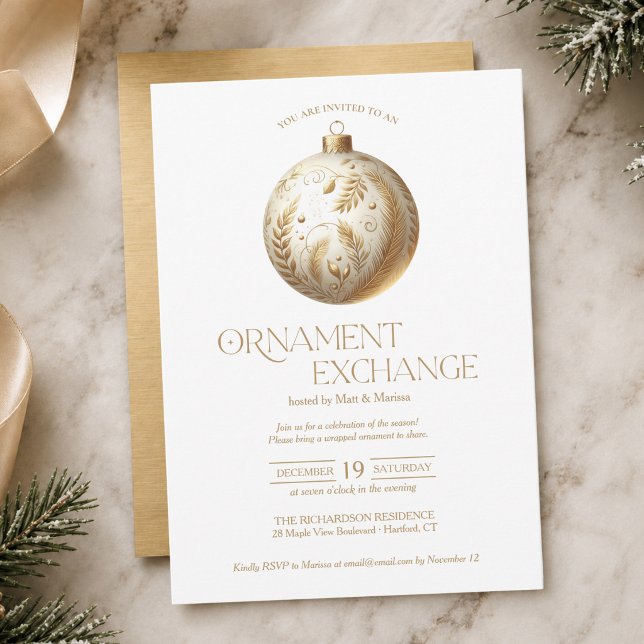 Convite Festa de Natal da Troca de Enfeites (chic elegant white and gold ornament exchange Christmas holiday invitation)
