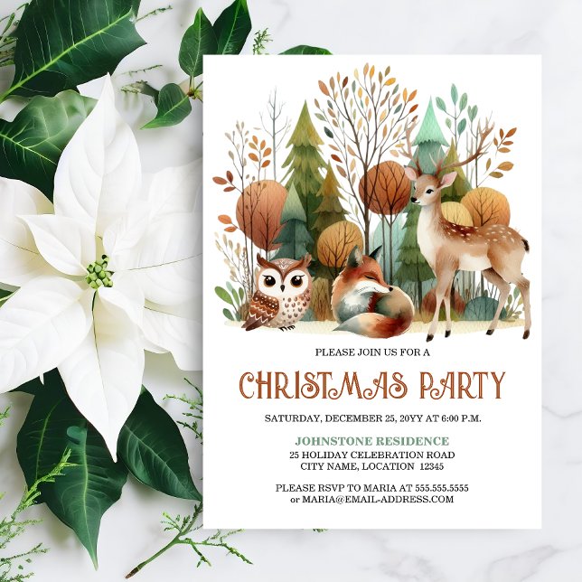 Convite Festa de Natal da Woodland Whimsic (Whimsical Woodland Christmas Party invitation front view.)