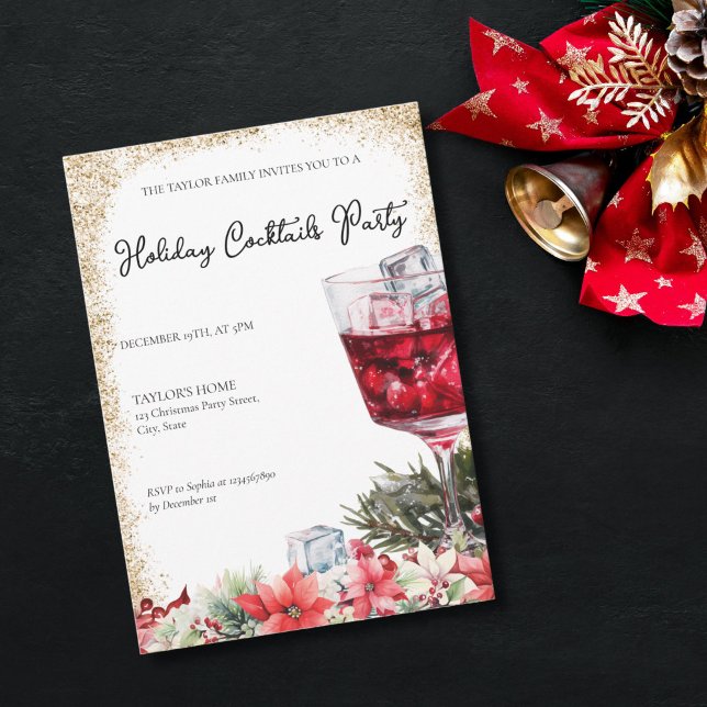 Convite Festa de Natal das Bebidas Festivas (elegant watercolor christmas red cocktail with gold glitter frame party or dinner invitation)