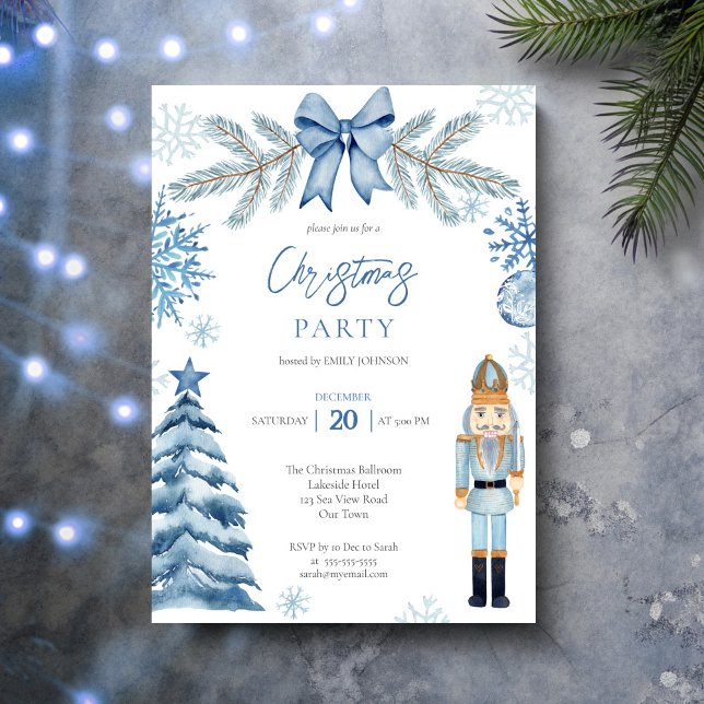 Convite Festa de Natal de arco azul-prateado (Nutcracker silver blue bow snowflakes whimsical Christmas Party Invitation card template)