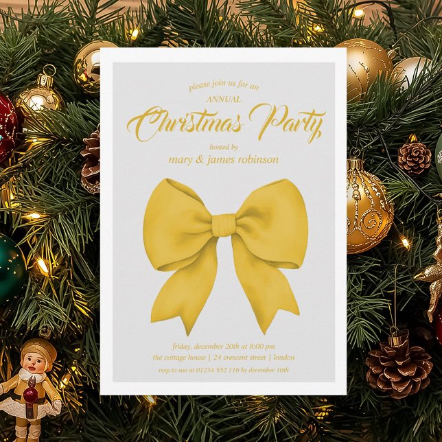 Convite Festa de Natal de Arco Dourado Festivo (Festive Gold Bow Christmas Holiday Party Invitation)