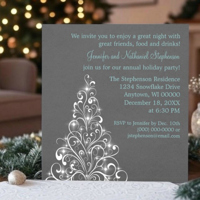 Convite Festa de Natal de Árvore de Férias Sparkly, Cinza  (Dark Gray Sparkly Holiday Tree Christmas Party Invitation)