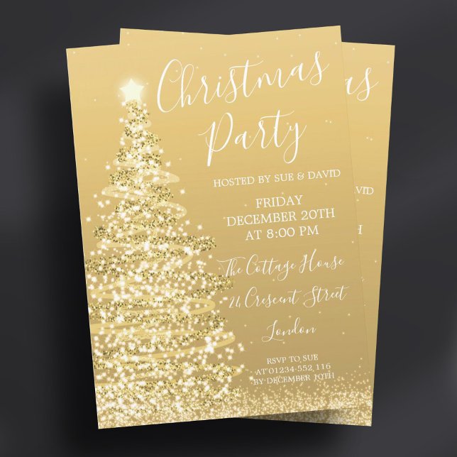 Convite Festa de Natal de Árvore Dourada Elegante (Elegant Gold Glitter Tree Christmas Party Invitation)