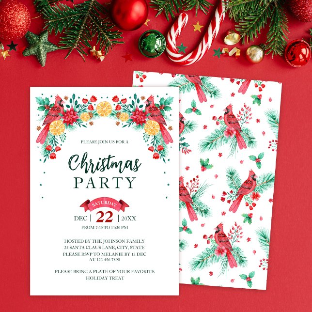 Convite Festa de Natal de Aves Cardinais Vermelhas de Aqua (Watercolor Red Cardinal Birds Christmas Party Invitation)