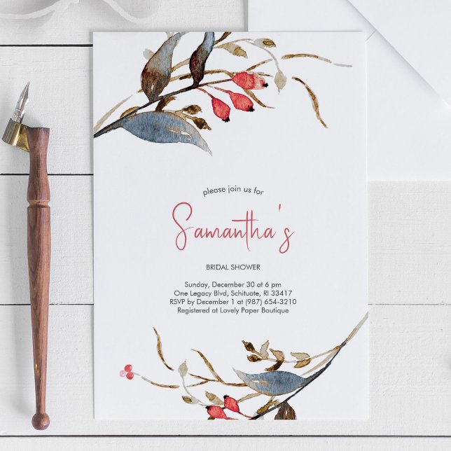 Convite Festa de Natal de chá de panela Botânico de Aquare (rustic bridal shower invitations watercolor botanical design)