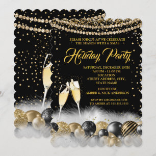 Convite Festa de Natal de Champanhe Preto Dourado Feriado