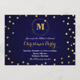 Convite Festa de Natal de Confetti Monograma Dourado Azul