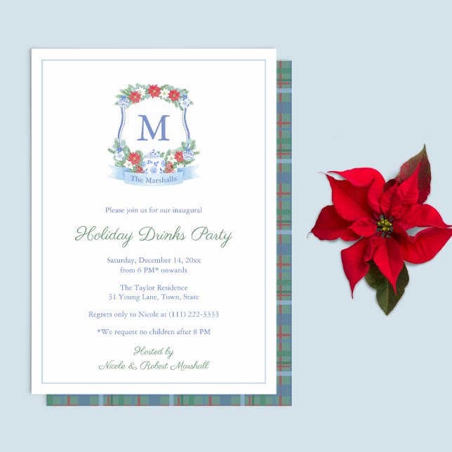 Convite Festa de Natal de Crest Vermelho Azul Refinado (Chinoiserie Red Blue and white Christmas crest decorates this Holiday Drinks Party Invitation)