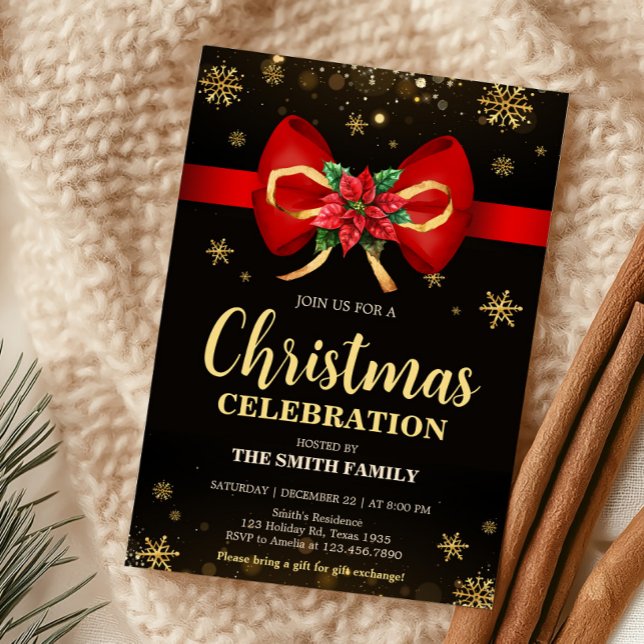 Convite Festa de Natal de Férias do Arco Elegante Vermelho (Elegant Bow Holiday Christmas Party Invitation)