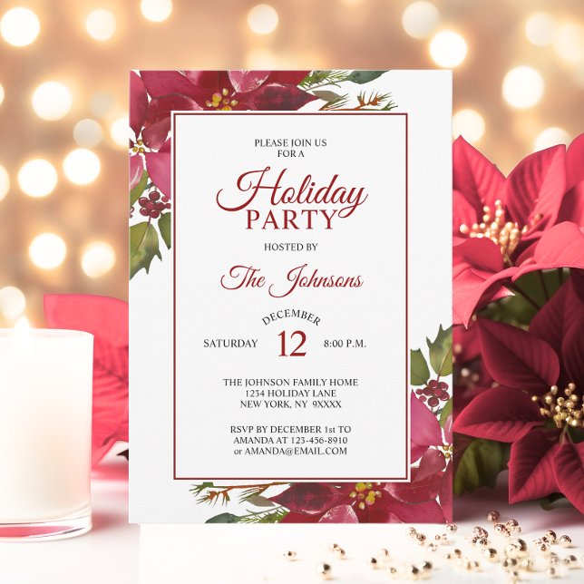 Convite Festa de Natal de Férias Feriadas de Poinsettia Ve (Watercolor Red Poinsettia Holiday Christmas Party Invitation)