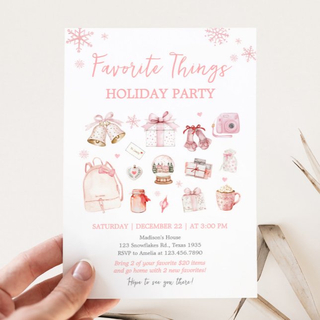 Convite Festa de Natal de Férias, Férias e Coisas Favorita (Pink Holiday Favorite Things Christmas Party Invitation)