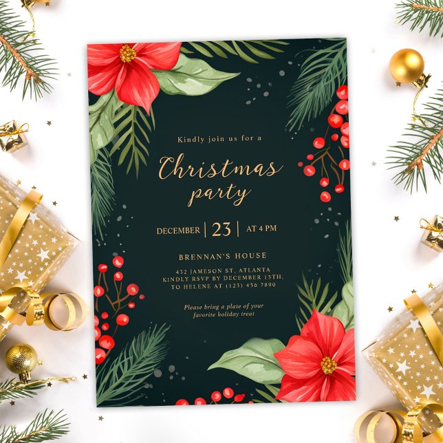 Convite Festa de Natal de Férias Vermelhos Verde (Green Red Greenery Holiday Christmas Party Invitation)
