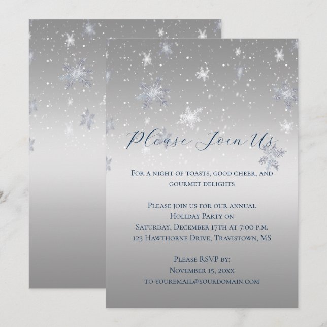 Convite Festa de Natal de Flocos de Neve Prata e Azul | (Frente/Verso)
