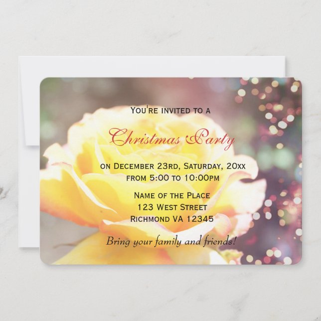 Convite festa de Natal de flor de rosa amarela (Frente)