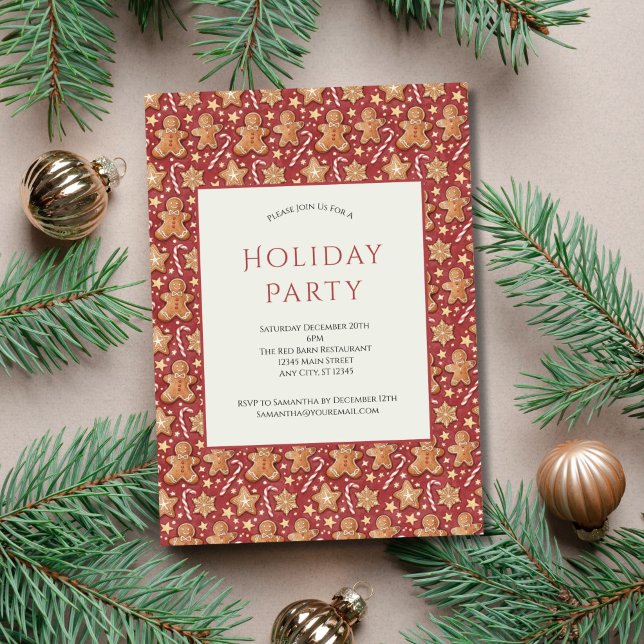 Convite Festa de Natal de Gingercake Men Candy Cane (Gingerbread men and Candy canes Holiday Christmas Party Invitation. Printed or digital download)