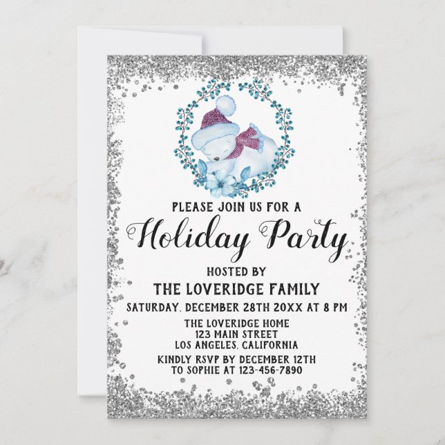 Convite Festa de Natal de inverno Blue Wreath Prata (Frente)