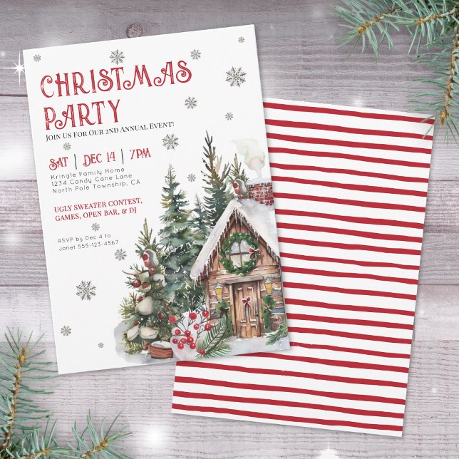 Convite Festa de Natal de inverno com Aquarela Festiva (Festive Watercolor Winter Christmas Party Invitation)