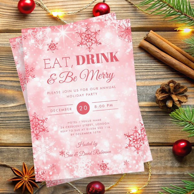 Convite Festa de Natal de inverno "Comer e Beber" (Winter "Eat & Drink" Red Holiday Christmas Party Invitation)