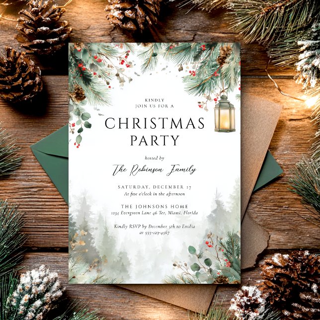 Convite Festa de Natal de Inverno em Aquarela com Verdura  (Criador carregado)