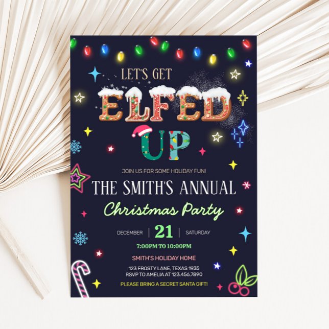 Convite Festa De Natal De Inverno Para Serem Alimentados P (Let's Get Elfed Up Winter Neon Christmas Party Invitation)