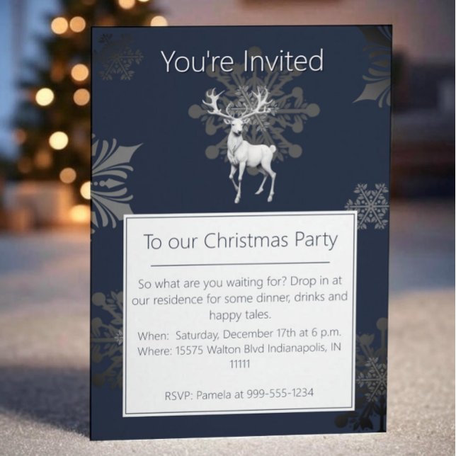 Convite Festa de Natal de Ivory Reindeer | Azul (Blue Ivory Reindeer Christmas Party Invitation)