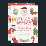 Convite Festa de Natal de Jingle & Mingle Cute<br><div class="desc">Este belo convite de Natal "jingle & mingle" apresenta um fundo creme com Papai Noel, Hollies, um homem de pão, estrela, boneco de neve, árvore de natal, cana de doce e estocagem em aquarela. O verso apresenta um fundo vermelho com padrões do Papai Noel. Personalize-o para as suas necessidades. Você...</div>