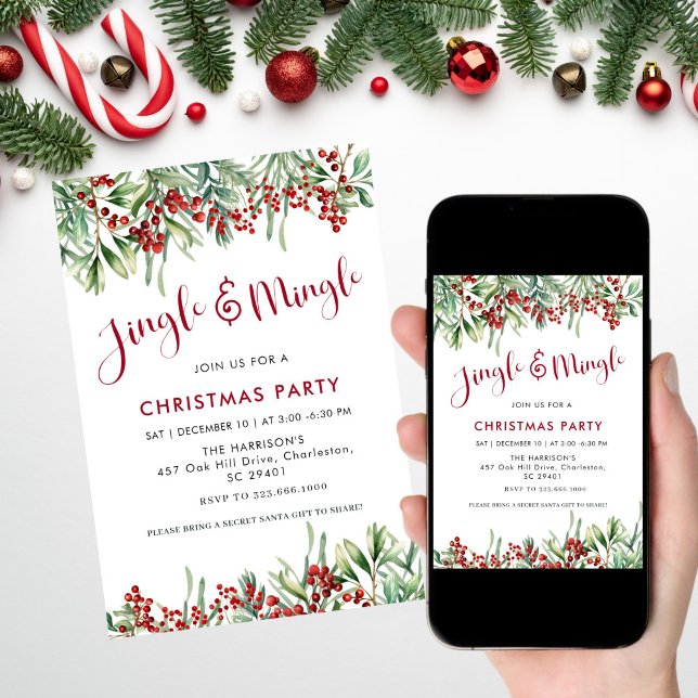 Convite Festa de Natal de Jingle & Mingle Holiday Greenery (Criador carregado)