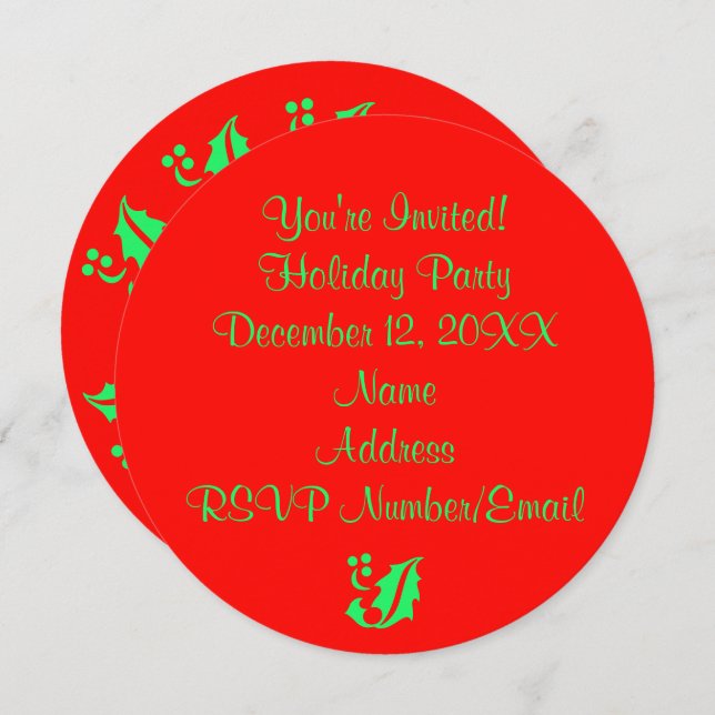 Convite Festa de Natal de Natal Holly Round Red 4Jane (Frente/Verso)