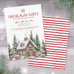 Convite Festa de Natal de Negócios Festivos<br><div class="desc">Convide clientes, colegas ou consumidores para a sua casa aberta de Natal ou festa de Natal da empresa com este convite festivo em aquarela. O design apresenta uma aconchegante cabana de inverno aninhada entre pinheiros e frutos de azevinho, com telhados cobertos de neve, uma coroa na porta e fumaça saindo...</div>