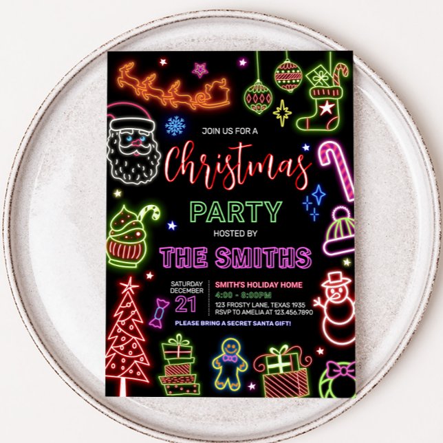 Convite Festa de Natal de Neon Papais noeis (Neon Santa Claus Christmas Party Invitation)