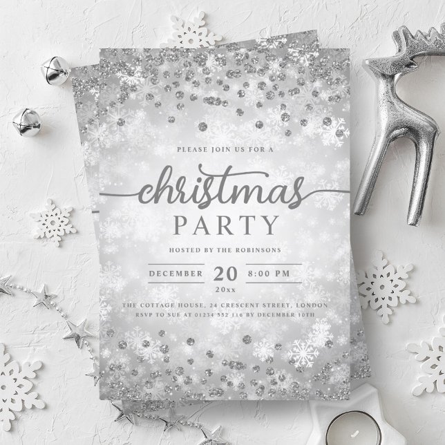 Convite Festa de Natal de Ouros de Inverno Elegante (Elegant Silver Winter Diamonds Christmas Party Invitation)