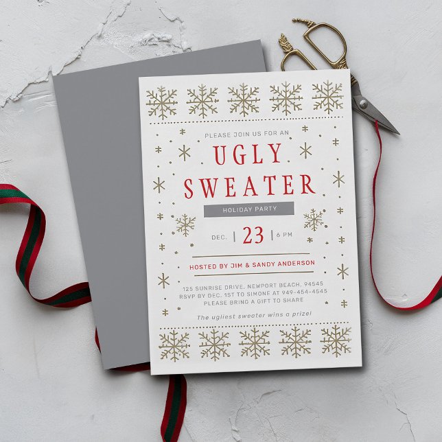 Convite Festa de Natal de Padrão Moderno Scandi, Suéter Fe (ugly sweater christmas party invitation modern minimalist snowflake scandinavian silver gold)