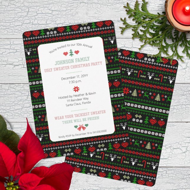 Convite Festa de Natal de Padrões Feios (Traditional Ugly Sweater pattern Christmas Holiday Party Invitation with Faux Stitched Typography)