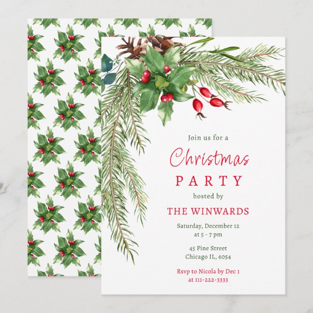 Convite Festa de Natal de Pine Branch e Berries (Frente/Verso)