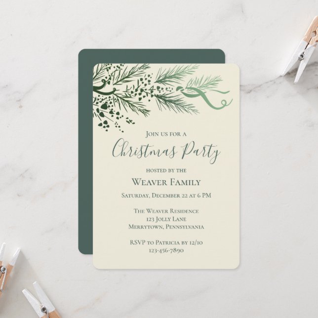 Convite Festa de Natal de Pine Sage, Desenhada à Mão Elega (Frente/Verso In Situ)
