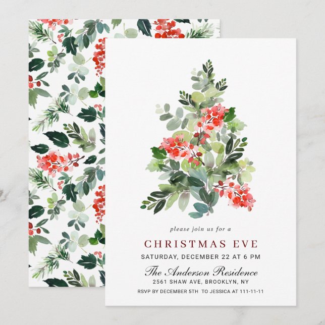 Convite Festa de Natal de Pinheiros de Aquarela Eve (Frente/Verso)