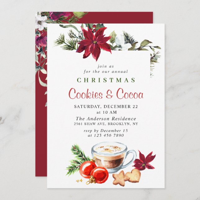Convite Festa de Natal de Poinsettia e Férias de Cacau (Frente/Verso)