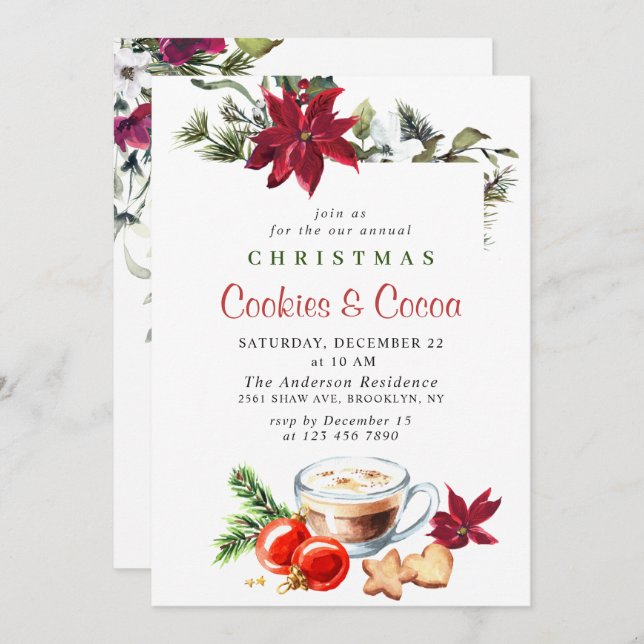 Convite Festa de Natal de Poinsettia e Férias de Cacau (Frente/Verso)