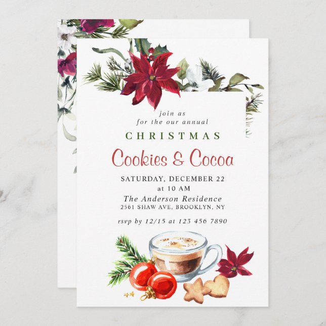 Convite Festa de Natal de Poinsettia e Férias de Cacau (Frente/Verso)